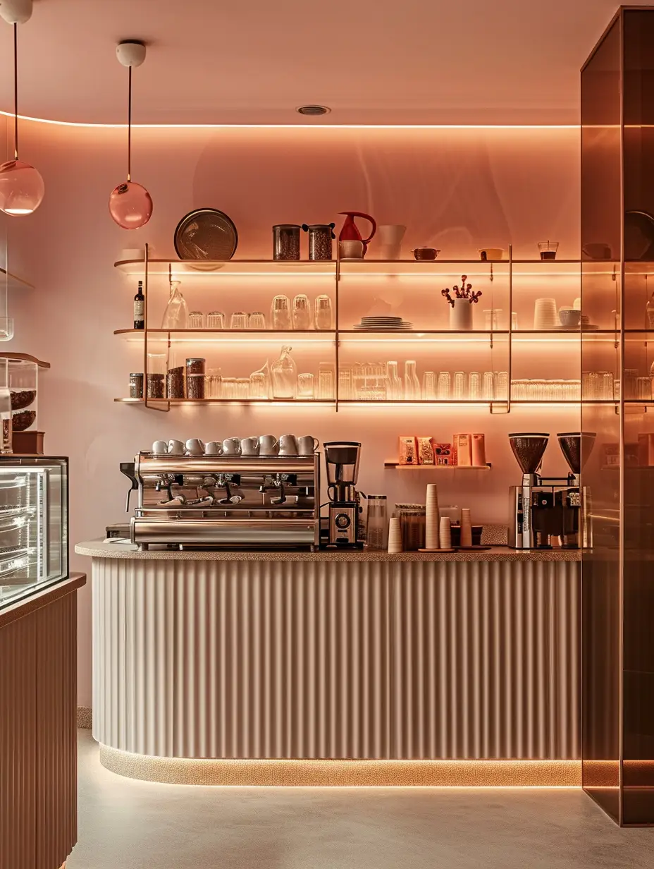 Café and roastery with timber seating and ambient lighting