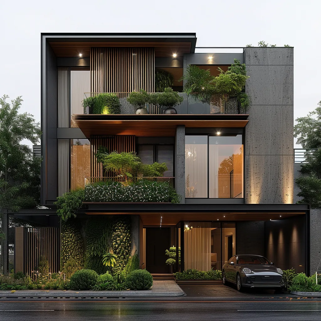 Contemporary multi-storey villa facade with layered greenery and timber screens