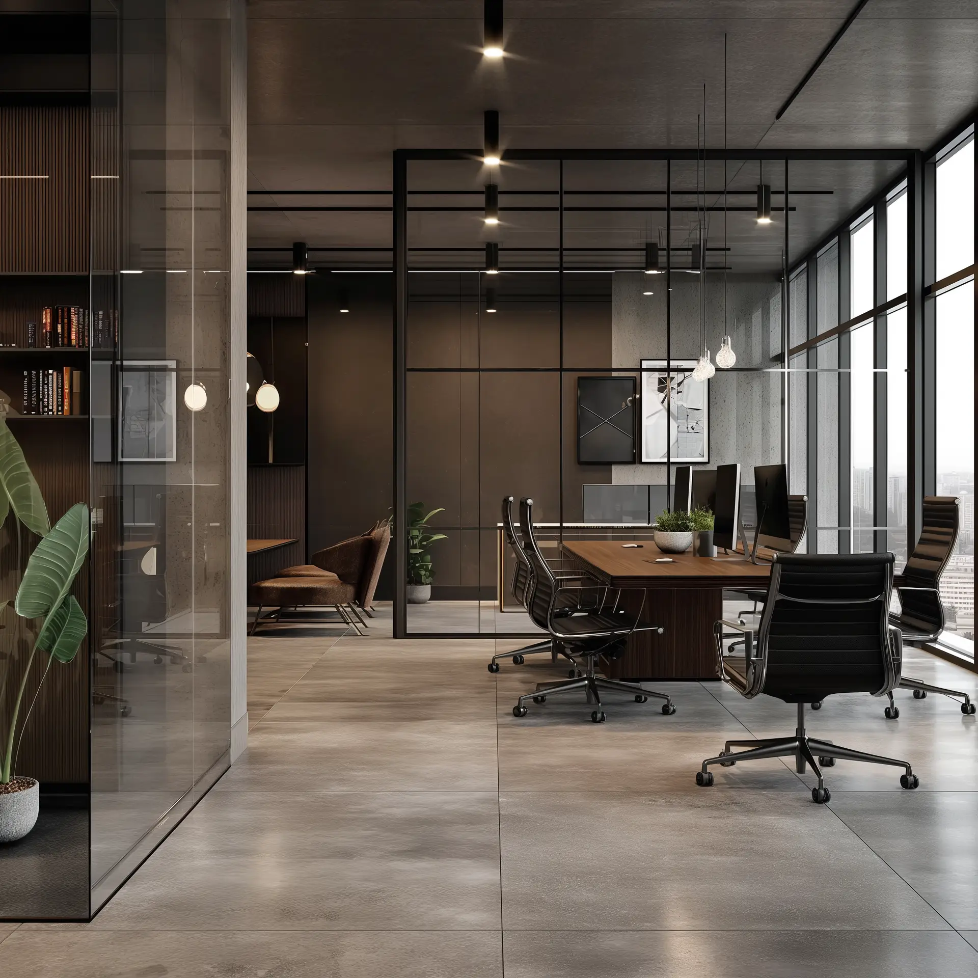 Corporate office interior with clean workstations and warm materials