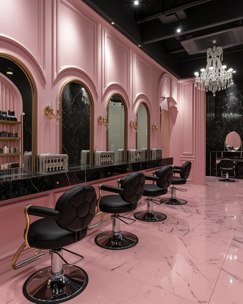 Blush-pink salon interior with elegant styling stations